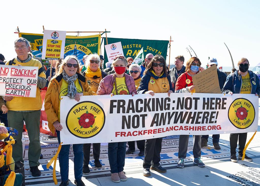 People protesting against the possible re-emergence of fracking at the conservative party spring conference, Blackpool, 2022.