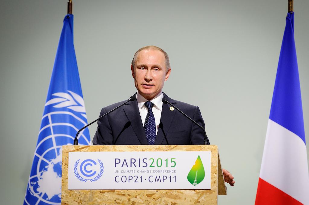 Russian president Vladimir Putin addresses the opening plenary session of the COP21 in Paris.