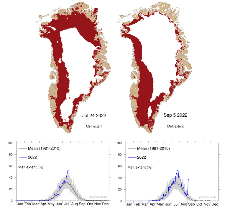 Left: Map showing areas of Greenland undergoing surface melt on 24 July 2022 and line graph showing the percentage of ice sheet area seeing surface melt on each day of 2022 (blue line), ending on 24 July. The grey line shows the 1981-2010 average. Right: The same, for 5 September. Credit: DMI Polar Portal.