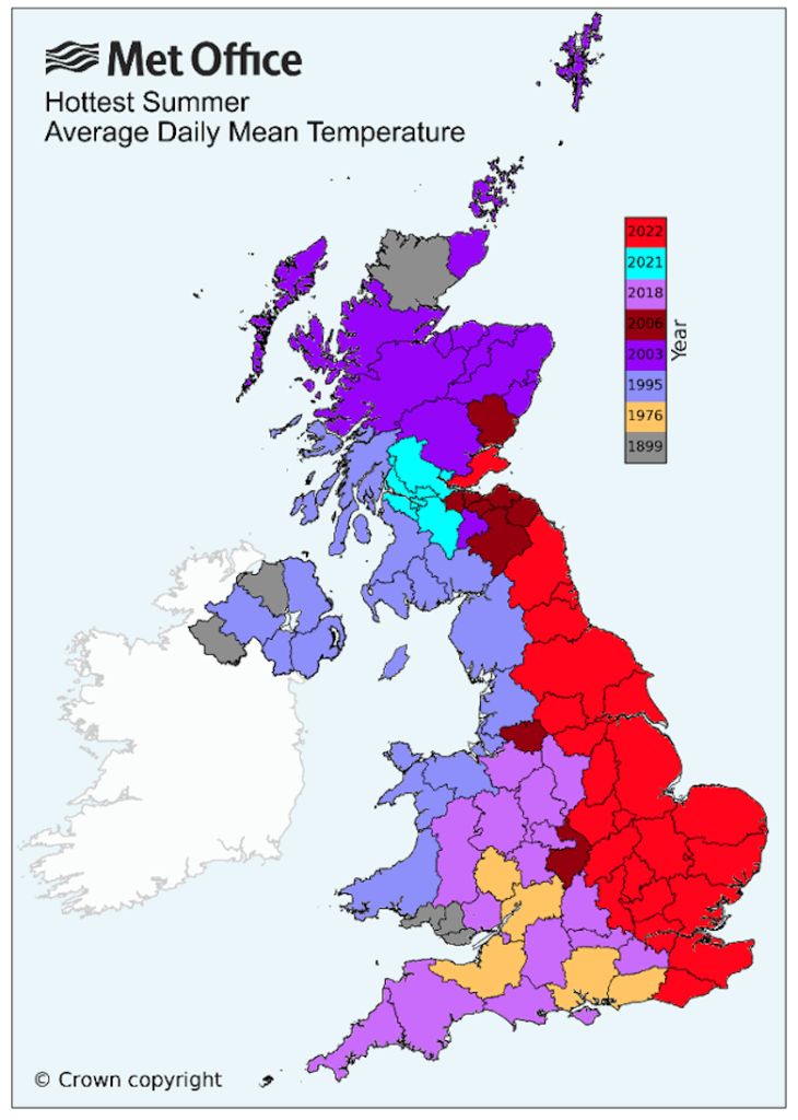 UK counties colour-coded by the year which saw the highest summer average temperature for that region.