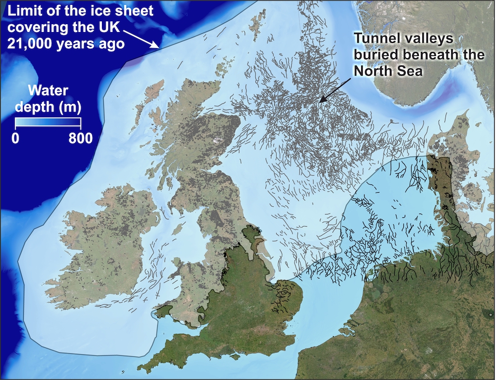 The distribution of tunnel valleys beneath the North Sea. These giant channels have been carved during several periods of rapid ice sheet decay over the last several hundred thousand years.