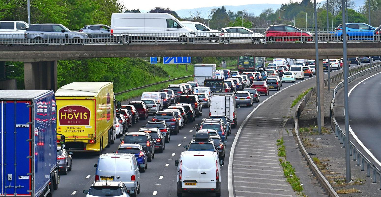 Heavy traffic at a standstill in North Somerset, UK.