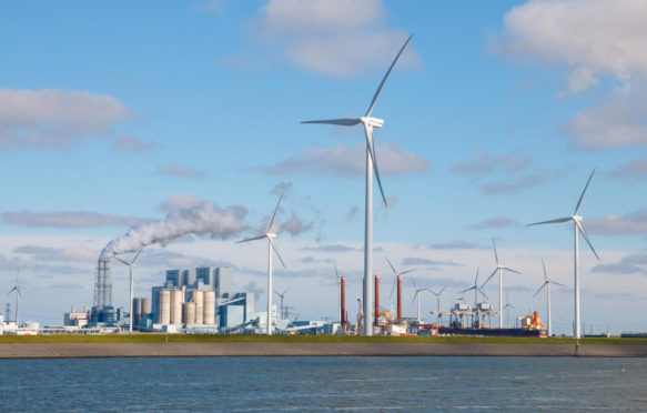 Coal plant and wind energy at the Eemshaven Seaport in Groningen, Netherlands.