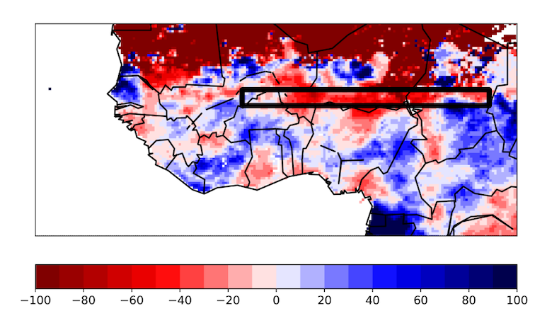 Rainfall over western and central Africa over June 2021, relative to June rainfall over 1990-2020. Source: World Weather Attribution (2022).