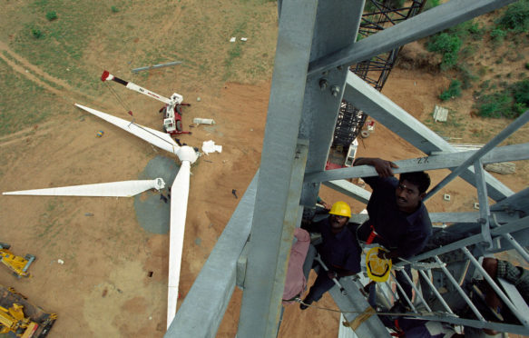 Construction site of wind turbines for power generation, Kanyakumari, India.