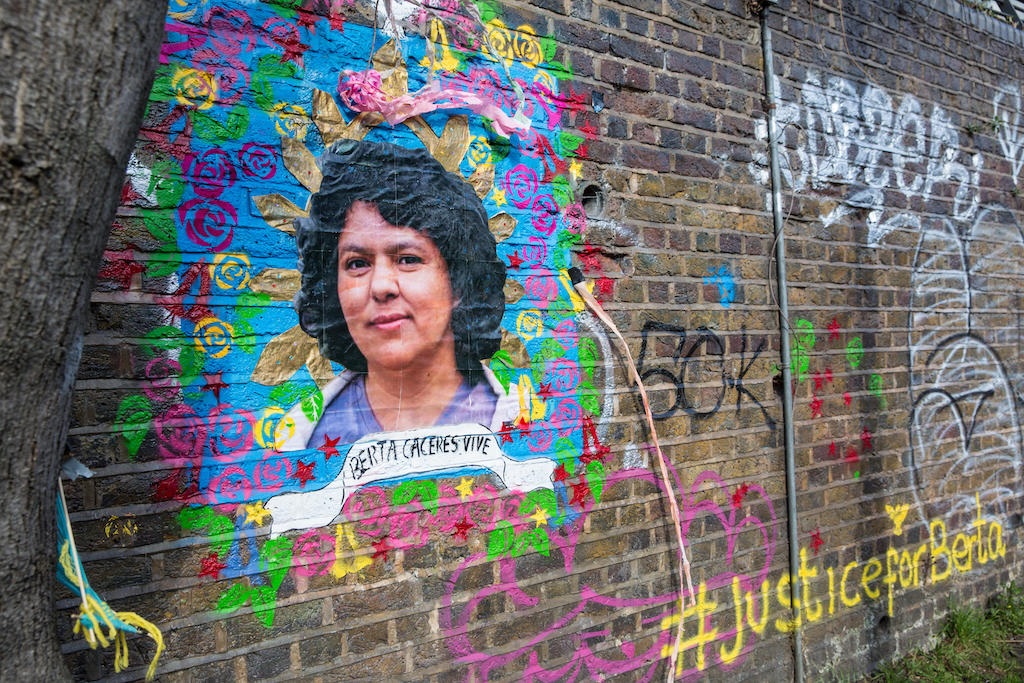 A painted memorial to Berta Caceres, the murdered Honduran environmental and indigenous rights campaigner, at Camden Lock in London, 2016.