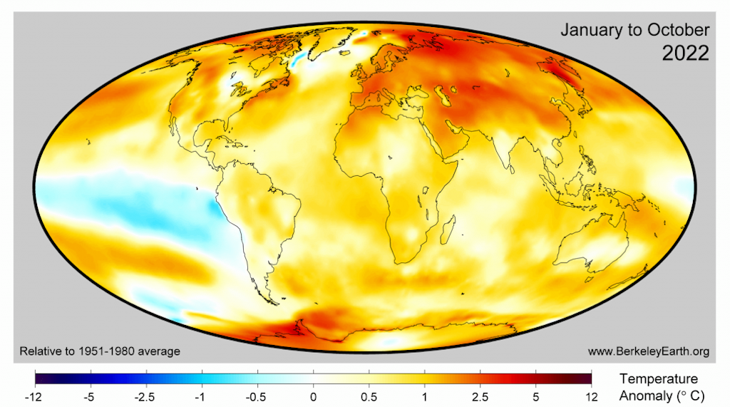 Map of year-to-date (January-October) global surface temperatures provided by Berkeley Earth.