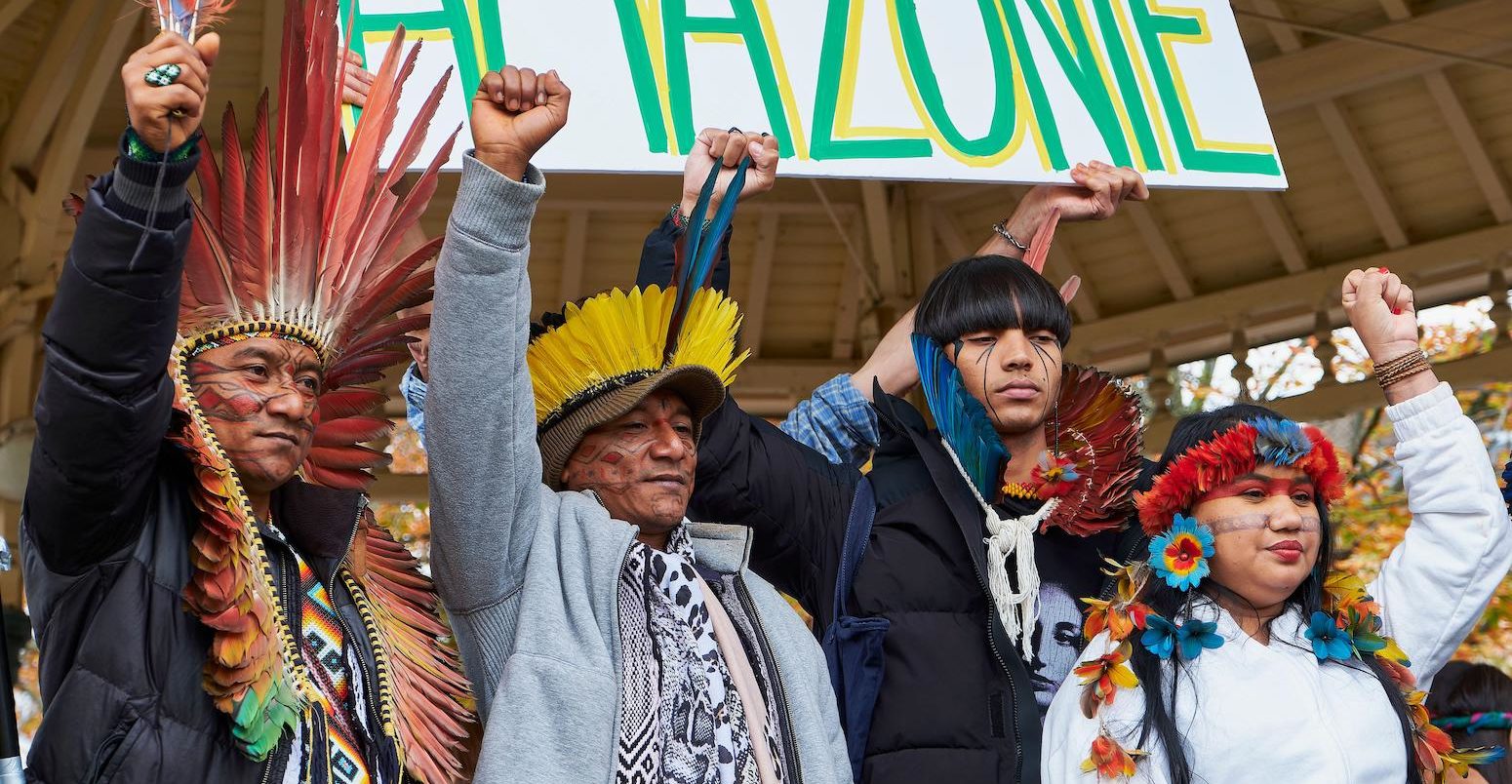 Indigenous tribal leaders from the Brazilian Amazon rainforest gather in Paris.
