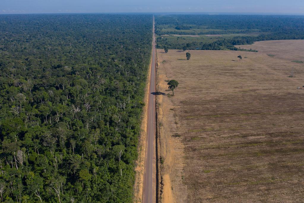 Tapajos国家之间的br - 163高速公路延伸nal Forest, left, and a soy field in Belterra, Para state, Brazil right, 15 November 2019.