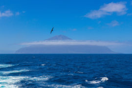 The South Atlantic Ocean, with the remote island Tristan da Cunha in the background.