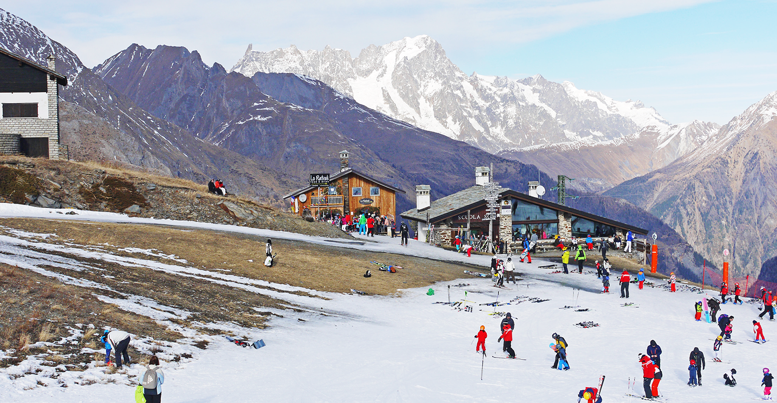 Extreme lack of snow for winter sports at La Thuile ski resort, Italy.
