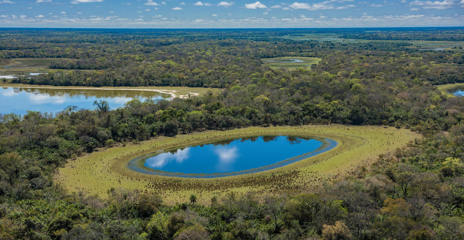 Aerial View of blue lakes in Brazilian Pantanal wetlands.
