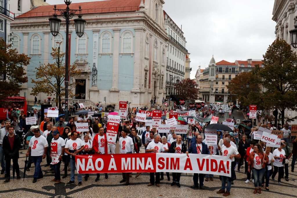 Demonstrators protest against lithium mines in downtown Lisbon, Portugal on September 21, 2019. The banner reads 
