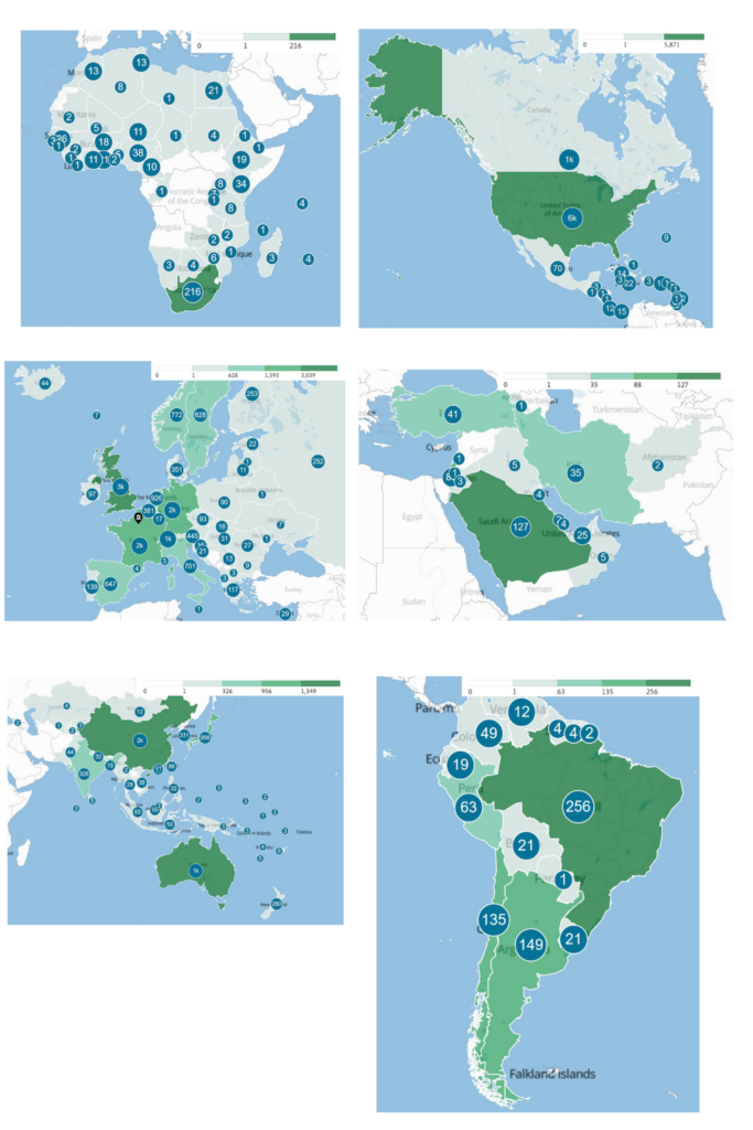 Country location of all the co-authors from the papers cited in the WG1 report that were published between 2011 and 2020. Maps are shown across Africa (top left), North & Central America (top right), Europe (middle left), the Middle-East (middle right) the Asia-Pacific (bottom left) and South America (bottom right).