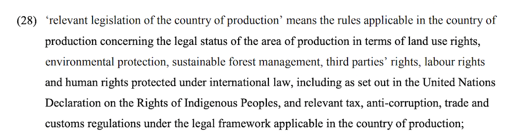 How the EU deforestation law defines “relevant legislation”, which goes beyond just national laws and includes international human rights law.