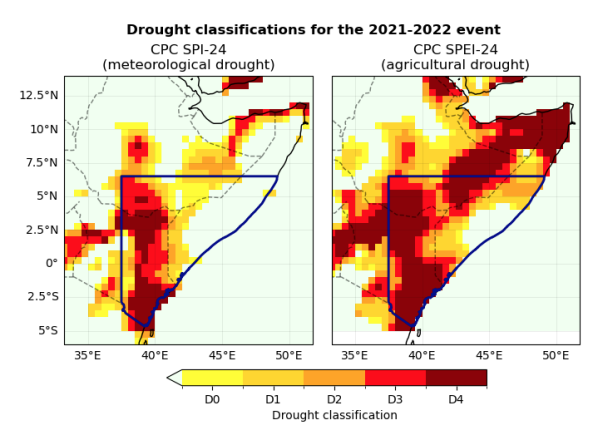 The extent of meteorological (left) and agricultural (right) drought over the Horn of Africa from 2021-2022, with D4 representing “exceptional” drought.