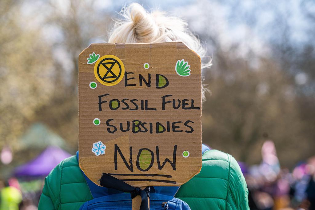 A climate activist from Extinction Rebellion holds up a sign 