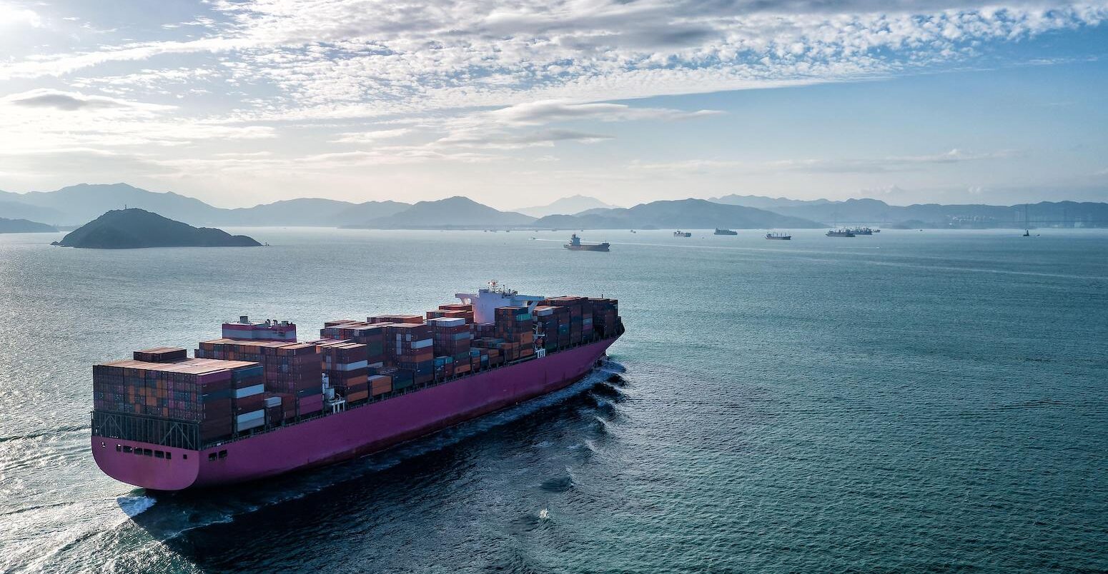 An aerial view of a fully loaded container ship arriving Hong Kong, on 31 March 2022.