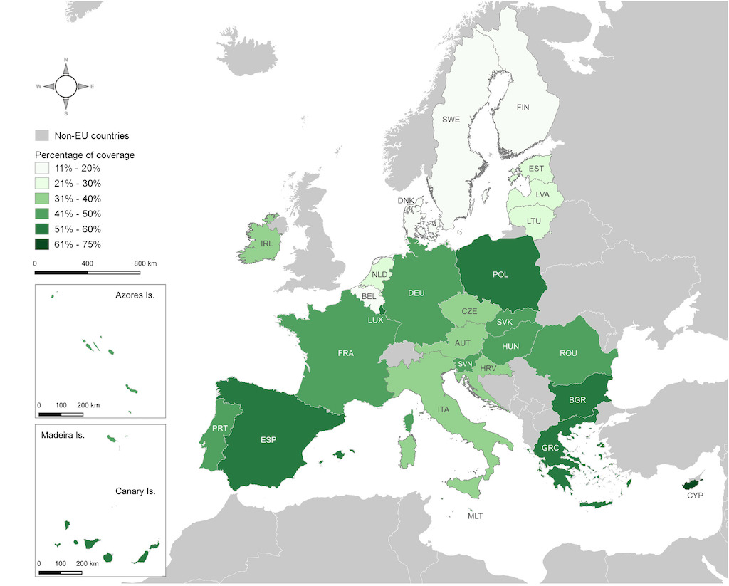 The average percentage of the ranges of threatened species in the EU that are covered by protected areas (Natura 2000 sites, nationally designated protected areas or both).