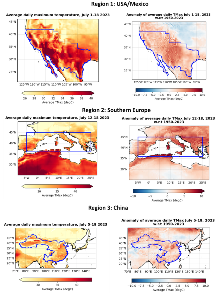 Average maximum temperatures (left) and difference compared to the 1950-2023 average (right) for the US (top), Europe (middle) and China (bottom), using ERA5 data.