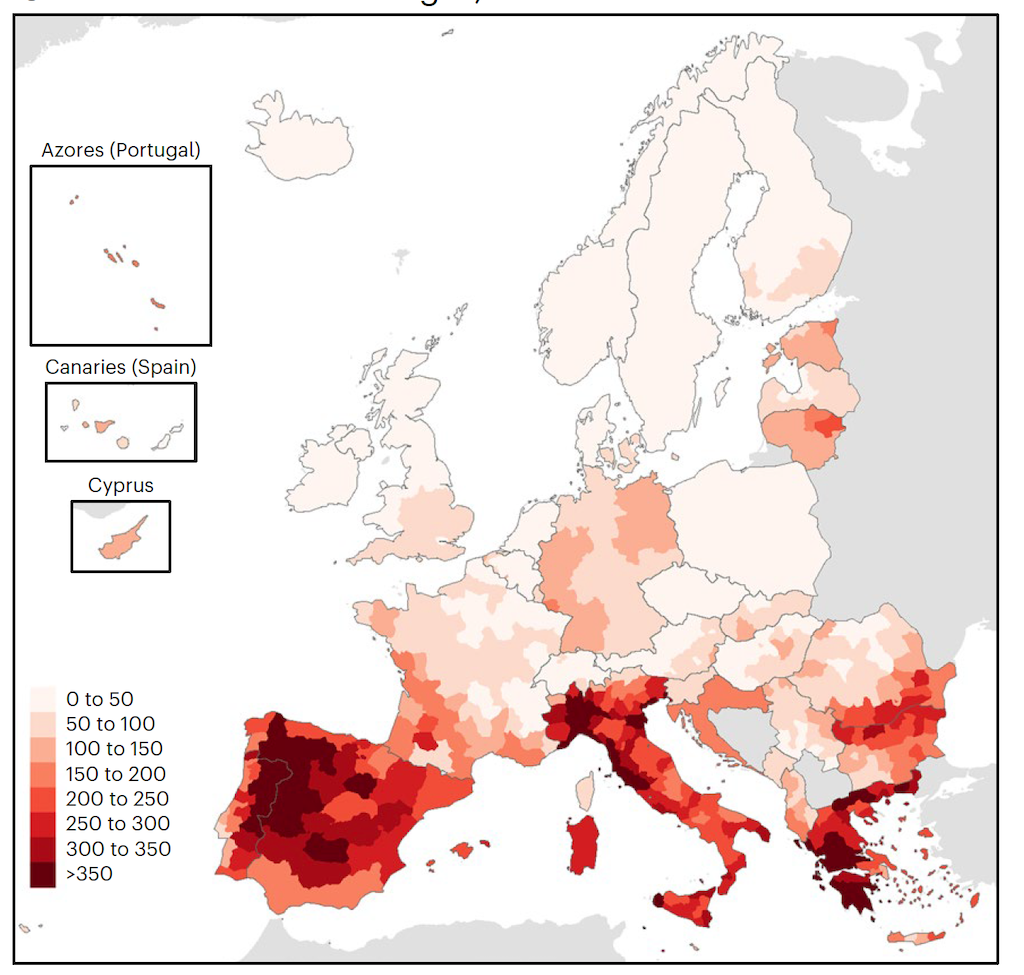 Heat-related mortality rate, in deaths per million, for different regions of Europe during the summer of 2022.