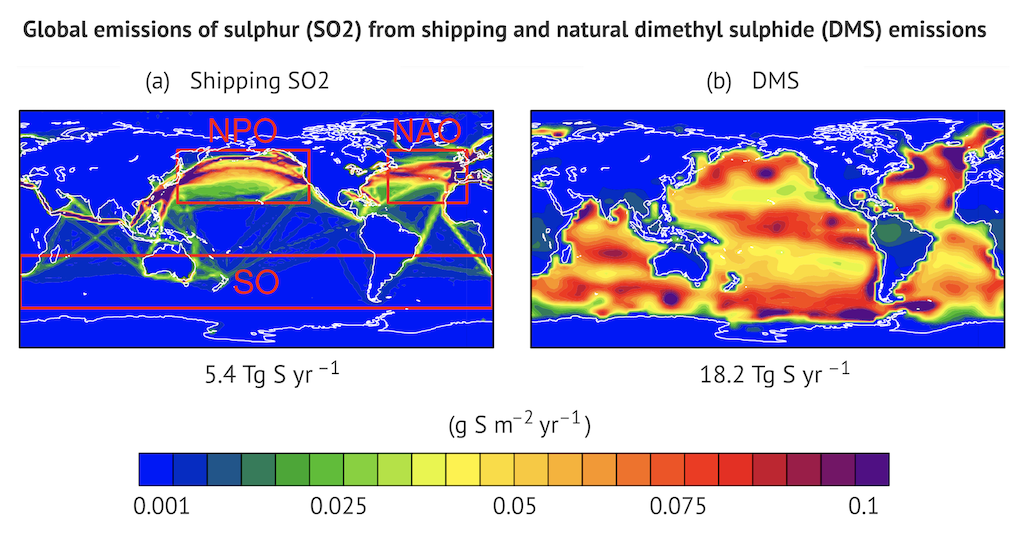 Global emissions of SO2 from shipping prior to IMO regulations limiting sulphur content of marine fuel (left) and the pattern of natural dimethyl sulphide (DMS) emissions (right).