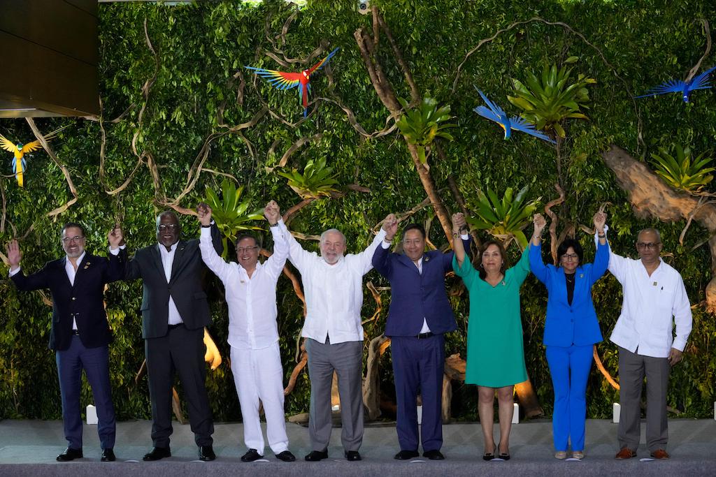 Leaders of South American nations pose for a group photo during the Amazon Summit at the Hangar Convention Center in Belem, Brazil, on August 8 2023.