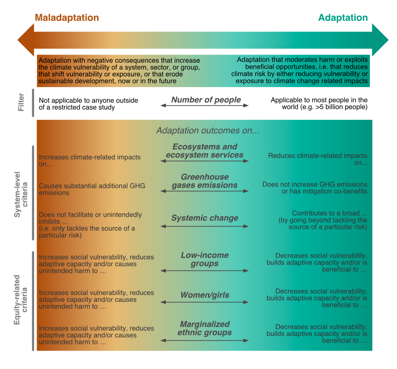 The NAM framework and its six criteria, and the range of outcomes from maladaptation (orange) to successful adaptation (green).
