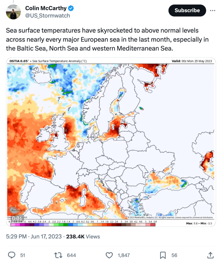 Colin McCarthy says: Sea surface temperatures have skyrocketed to above normal levels across nearly every major European sea in the last month, especially in the Baltic Sea, North Sea and western Mediterranean Sea.
