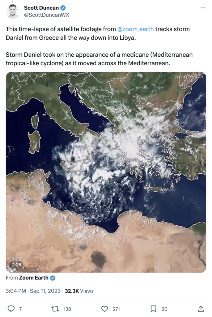 Scott Duncan says: This time-lapse of satellite footage from @zoom_earth tracks storm Daniel from Greece all the way down into Libya. Storm Daniel took on the appearance of a medicane (Mediterranean tropical-like cyclone) as it moved across the Mediterranean.