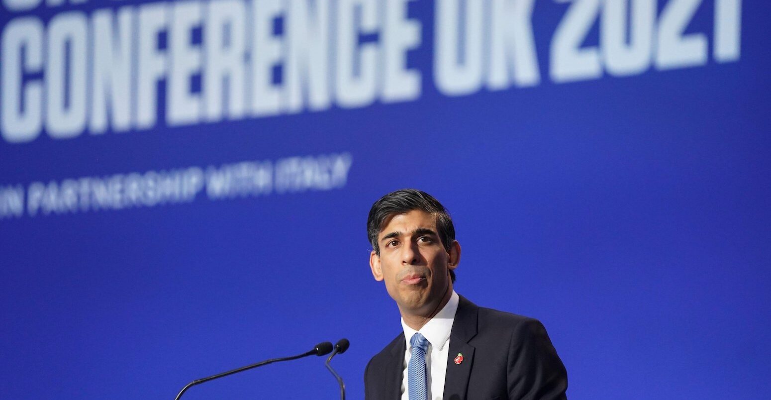 Chancellor Rishi Sunak speaking at the COP26 summit in Glasgow. Image ID: 2H4HKWB.