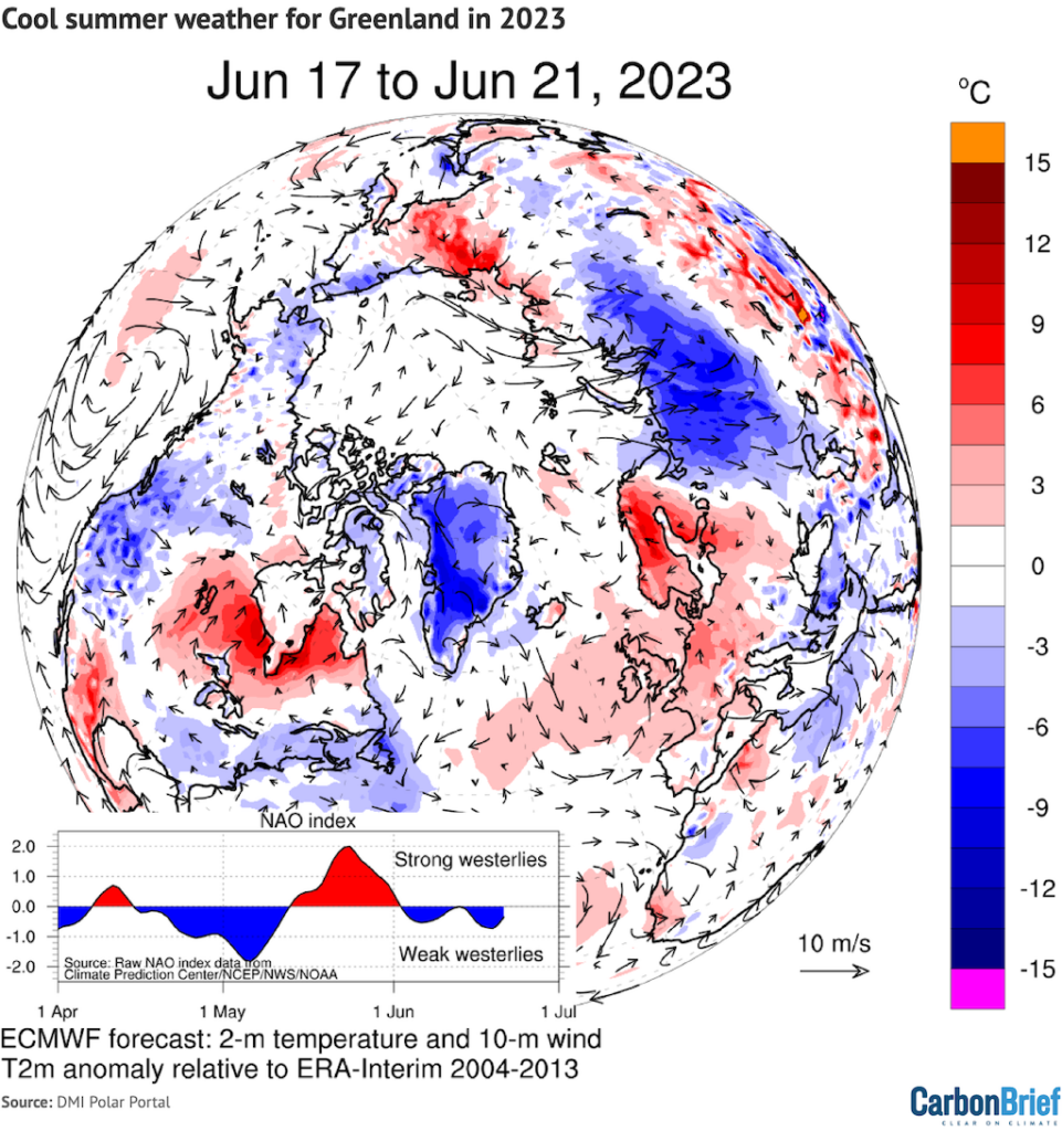 地图很酷的年代ummer weather in Greenland (in centre of map) and heat over northern North America and western Europe, particularly Scandinavia.