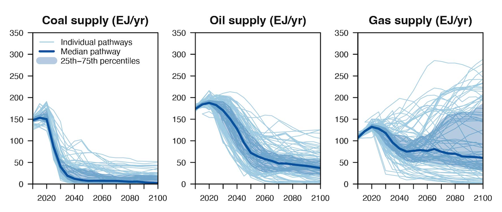Global primary energy supply from coal, oil, and gas, exajoules (EJ), as modelled by the IPCC-assessed mitigation scenarios consistent with limiting warming to 1.5C with no or limited overshoot.