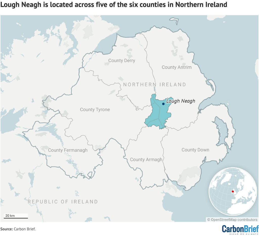 Lough Neagh highlighted within a map of Northern Ireland.
