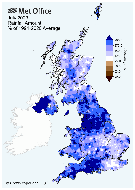 July 2023 average rainfall across the UK expressed as a percentage of the 1991-2020 average.