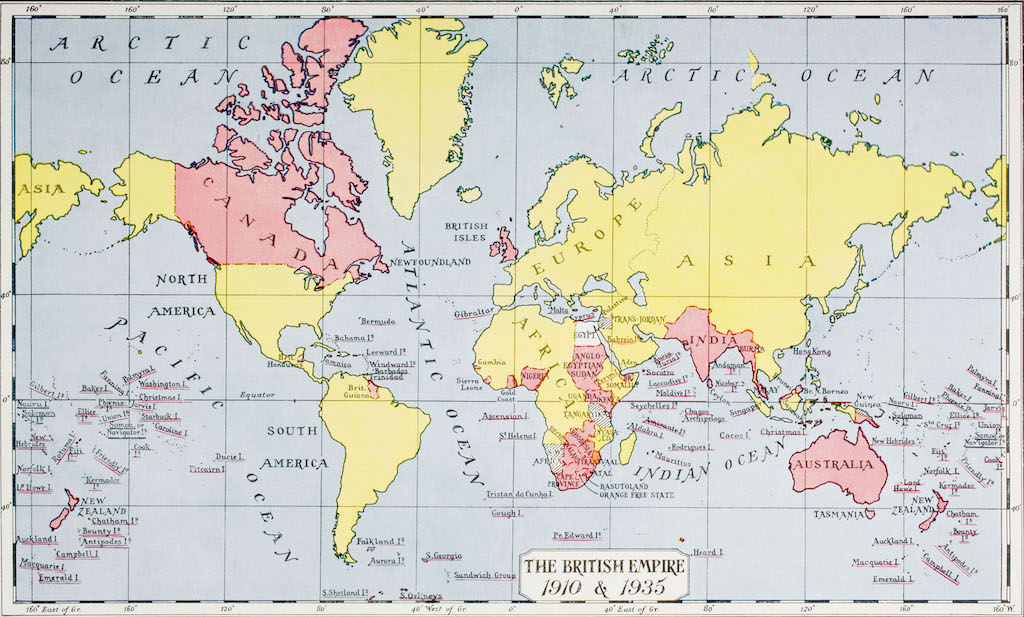 Map showing the King George V's empire, in red, in 1910 and 1935